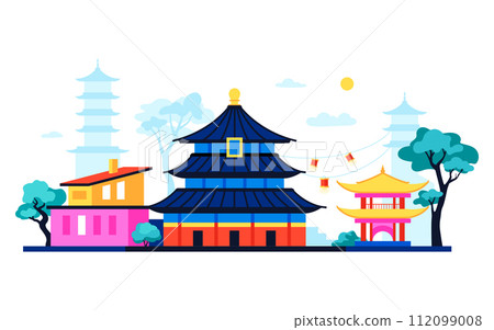 Shinto wooden shrine - modern colored vector illustration 112099008