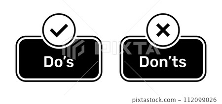 Do's and Don'ts buttons with right and wrong symbols black color. Check box icon with tick and cross symbols with do's and don'ts button icons in black box. Do and Don't symbol vector. Do's and Don'ts buttons with right and wrong symbols black color. Check box icon with tick and cross symbols with do's and don'ts button icons in black box. Do and Don't symbol vector. 112099026