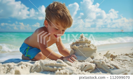 AI-generated content. Happy child playing with sandcastle on a sunny beach 112099070