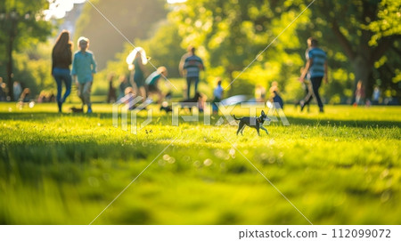 AI-generated content. Unfocused crowd enjoying leisure time in a sunny park setting 112099072