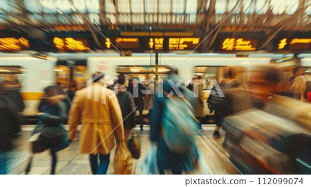 AI-generated content. Blurry crowd at a dynamic urban train station in motion 112099074