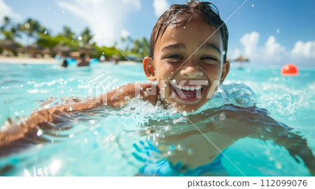 AI-generated content. Happy child swimming in pool with summer vibes 112099076