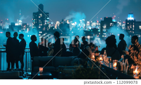 AI-generated content. Unfocused crowd socializing in a city night setting 112099078