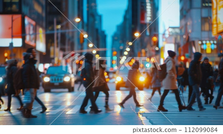 AI-generated content. Unfocused urban crowd crossing the street at evening 112099084
