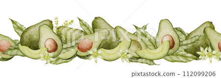 Avocado seamless Border. Watercolor Frame template. Pattern with green fruits. Hand drawn illustration on isolated white background. Painting of vegetable plant. Drawing of Food for floral cards. Avocado seamless Border. Watercolor Frame template. Pattern with green fruits. Hand drawn illustration on isolated white background. Painting of vegetable plant. Drawing of Food for floral cards. 112099206