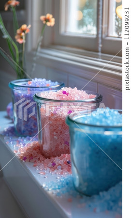 Handcrafted decorative jars filled with colorful fragrant bath salts 112099231