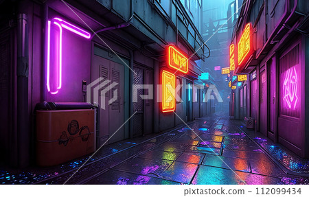 In a cyberpunk alley, neon signs cast a gritty glow on holographic graffiti, rain-soaked pavement glistens. 112099434