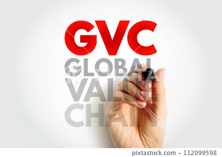 GVC Global Value Chain - full range of activities that economic actors engaged in to bring a product to market, acronym text concept background 112099598