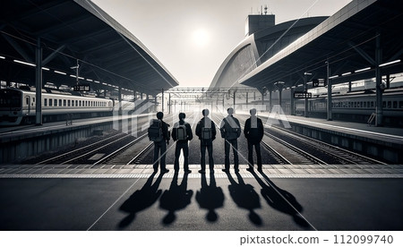 AI-generated content. Young guys in monochrome style standing on train platform waitning for a train 112099740