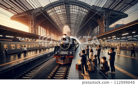 AI-generated content. Group of Japanese Railfan or Train Otaku Taking Photos of a Old Train Arriving AI-generated content. Group of Japanese Railfan or Train Otaku Taking Photos of a Old Train Arriving 112099848