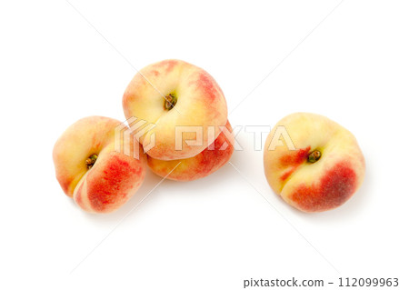 Several saturn peaches or flat peaches isolated on white background with clipping path.. 112099963