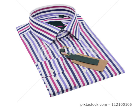 Multicolored striped folded men's shirt with long sleeves and buttons isolated on white background 112100106