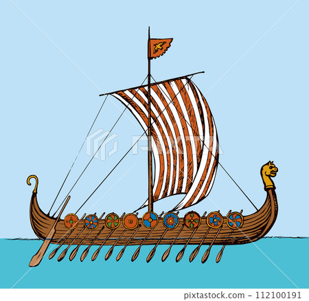 Ancient Viking ship. Vector drawing 112100191
