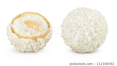 round candy raffaello with coconut flakes and nut isolated on white background 112100582