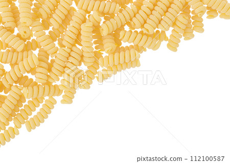 Italian spiral shaped pasta, Fusilli bucati macaroni, isolated on white background. Top view with copy space for your text. Flat lay. Italian spiral shaped pasta, Fusilli bucati macaroni, isolated on white background. Top view with copy space for your text. Flat lay. 112100587