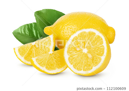 Ripe lemon with half and slices isolated on white background with full depth of field. Ripe lemon with half and slices isolated on white background with full depth of field. 112100609