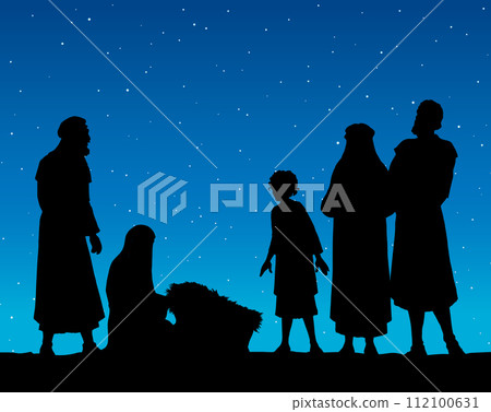 The shepherds came to bow to the newborn baby Jesus. Vector drawing The shepherds came to bow to the newborn baby Jesus. Vector drawing 112100631