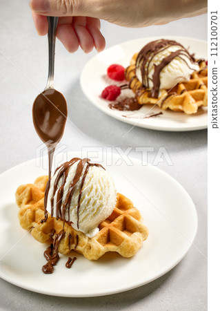 plate of belgian waffle with ice cream 112100701