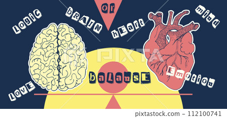 Concept heart VS brain. Vintage design collage poster. Mental health and emotional well-being symbols. Mind-heart balance hand drawn graphic art. Half tone and sketch doodle style. Vector illustration Concept heart VS brain. Vintage design collage poster. Mental health and emotional well-being symbols. Mind-heart balance hand drawn graphic art. Half tone and sketch doodle style. Vector illustration 112100741