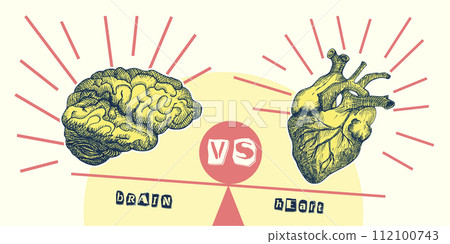 Concept heart VS brain. Vintage design collage poster. Mental health and emotional well-being symbols. Mind-heart balance hand drawn graphic art. Half tone and sketch doodle style. Vector illustration 112100743
