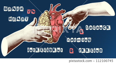 Concept heart VS brain. Vintage design collage poster. Mental health and emotional well-being symbols. Mind-heart balance hand drawn graphic art. Half tone and sketch doodle style. Vector illustration Concept heart VS brain. Vintage design collage poster. Mental health and emotional well-being symbols. Mind-heart balance hand drawn graphic art. Half tone and sketch doodle style. Vector illustration 112100745