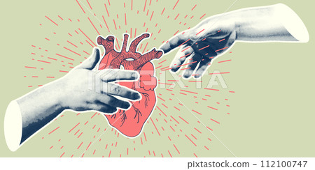 Concept heart VS brain. Vintage design collage poster. Mental health and emotional well-being symbols. Mind-heart balance hand drawn graphic art. Half tone and sketch doodle style. Vector illustration 112100747