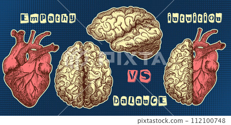 Concept heart VS brain. Vintage design collage poster. Mental health and emotional well-being symbols. Mind-heart balance hand drawn graphic art. Half tone and sketch doodle style. Vector illustration Concept heart VS brain. Vintage design collage poster. Mental health and emotional well-being symbols. Mind-heart balance hand drawn graphic art. Half tone and sketch doodle style. Vector illustration 112100748