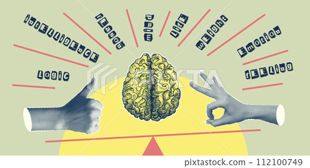Concept heart VS brain. Vintage design collage poster. Mental health and emotional well-being symbols. Mind-heart balance hand drawn graphic art. Half tone and sketch doodle style. Vector illustration Concept heart VS brain. Vintage design collage poster. Mental health and emotional well-being symbols. Mind-heart balance hand drawn graphic art. Half tone and sketch doodle style. Vector illustration 112100749