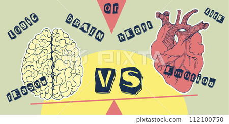 Concept heart VS brain. Vintage design collage poster. Mental health and emotional well-being symbols. Mind-heart balance hand drawn graphic art. Half tone and sketch doodle style. Vector illustration 112100750