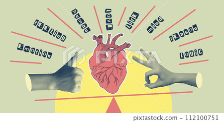 Concept heart VS brain. Vintage design collage poster. Mental health and emotional well-being symbols. Mind-heart balance hand drawn graphic art. Half tone and sketch doodle style. Vector illustration Concept heart VS brain. Vintage design collage poster. Mental health and emotional well-being symbols. Mind-heart balance hand drawn graphic art. Half tone and sketch doodle style. Vector illustration 112100751