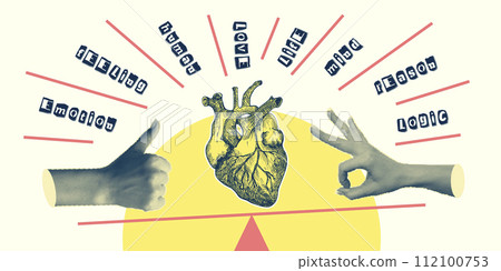 Concept heart VS brain. Vintage design collage poster. Mental health and emotional well-being symbols. Mind-heart balance hand drawn graphic art. Half tone and sketch doodle style. Vector illustration 112100753