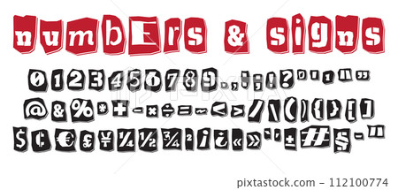 Ransom collage style stencil black and red letters numbers and punctuation marks cut from newspapers and magazines. Vintage ABC collection. Black and white alphabet Typography vector illustration 112100774
