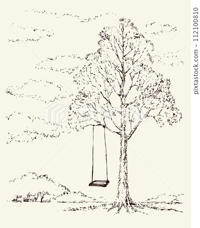Vector Sketch. Swing on old oak tree 112100810