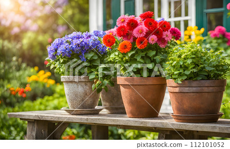 An array of terracotta flowerpots cradling an assortment of colorful flowers, captured with a shallow depth of field An array of terracotta flowerpots cradling an assortment of colorful flowers, captured with a shallow depth of field 112101052