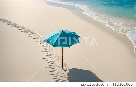 Single Beach Umbrella Casting Long Shadow Over Pristine White Sand Single Beach Umbrella Casting Long Shadow Over Pristine White Sand 112101066