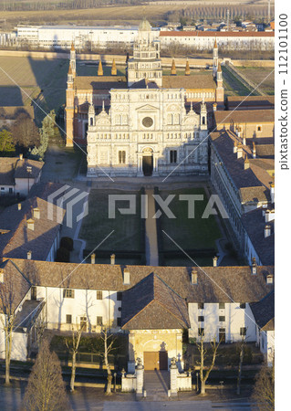 Drone shot over Certosa di Pavia monastery 112101100