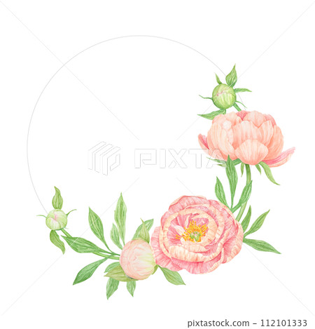 Peach peony bouquet watercolor hand drawn round frame. Chinese national symbol illustration. Realistic flower clipart, floral arrangement for card design, wedding invitation, prints, textile, packing Peach peony bouquet watercolor hand drawn round frame. Chinese national symbol illustration. Realistic flower clipart, floral arrangement for card design, wedding invitation, prints, textile, packing 112101333