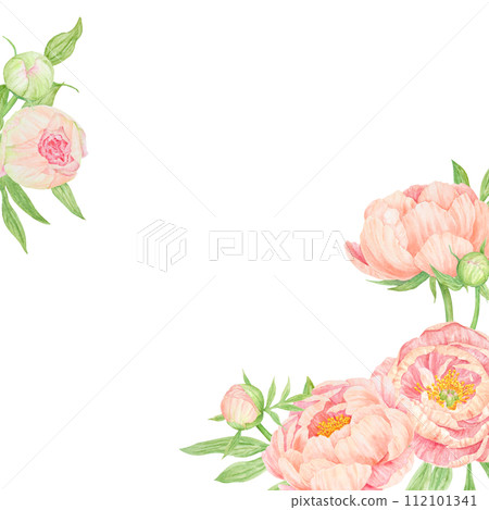 Peach peony bouquet watercolor hand drawn frame. Chinese national symbol illustration. Realistic flower clipart, floral arrangement for card design, wedding invitation, prints, textile, packing Peach peony bouquet watercolor hand drawn frame. Chinese national symbol illustration. Realistic flower clipart, floral arrangement for card design, wedding invitation, prints, textile, packing 112101341