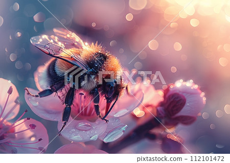AI-generated content. Bee Pollinating Vibrant Orange Flower with Dew. Generative AI AI-generated content. Bee Pollinating Vibrant Orange Flower with Dew. Generative AI 112101472