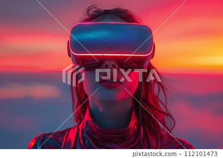 AI-generated content. A woman wearing VR headset user, surreal world and virtual reality, colorful flowers fields. Generative AI AI-generated content. A woman wearing VR headset user, surreal world and virtual reality, colorful flowers fields. Generative AI 112101473