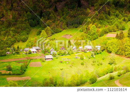 stunning view of a rural landscape in spring. village among trees and fields on the grassy slope in dappled light. beautiful mountainous scenery of transcarpathian region of ukraine 112101614