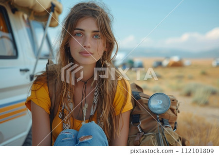 AI-generated content. People Camping tent, Nature travel concept. generative AI 112101809