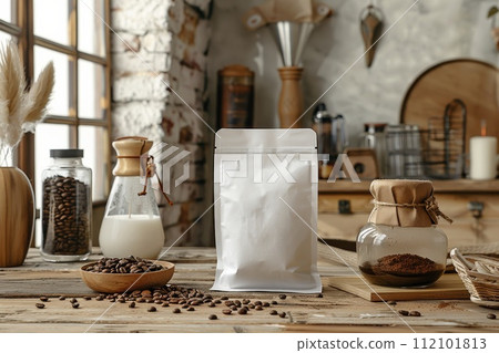 AI-generated content. Blank coffee packaging, coffee packaging mockup, on a wooden background. generative AI 112101813