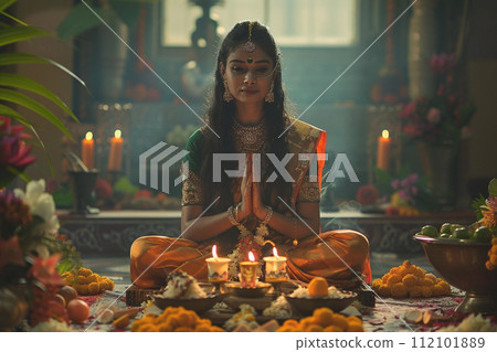 Praying young indian woman, Happy Ugadi greeting card 112101889