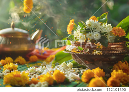 Happy Ugadi greeting card with mango leaf and rice, Indian New Year festival 112101890
