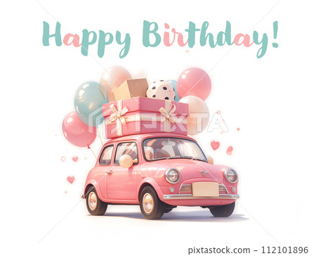 Cute cartoon pink retro auto with balloons, greeting card for birthday 112101896