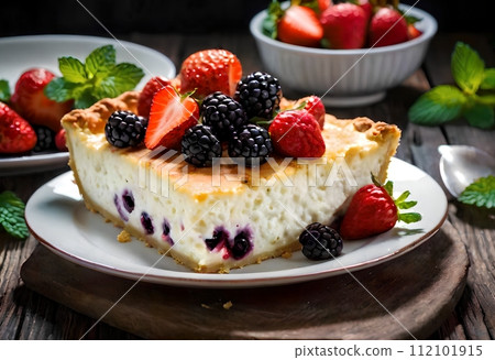 cooked cottage cheese casserole with berry filling in a plate 112101915