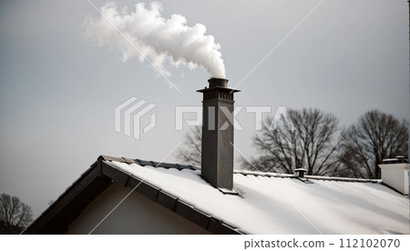 Dense smoke comes out of the chimney of a private house due to the burning of wood Dense smoke comes out of the chimney of a private house due to the burning of wood 112102070