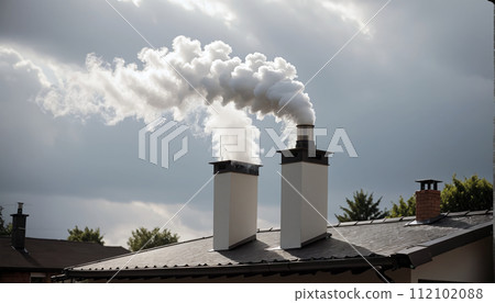 Dense smoke comes out of the chimney of a private house due to the burning of wood Dense smoke comes out of the chimney of a private house due to the burning of wood 112102088