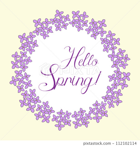 Round frame with lilac flowers and Hello Spring phrase, spring design element, vector 112102114